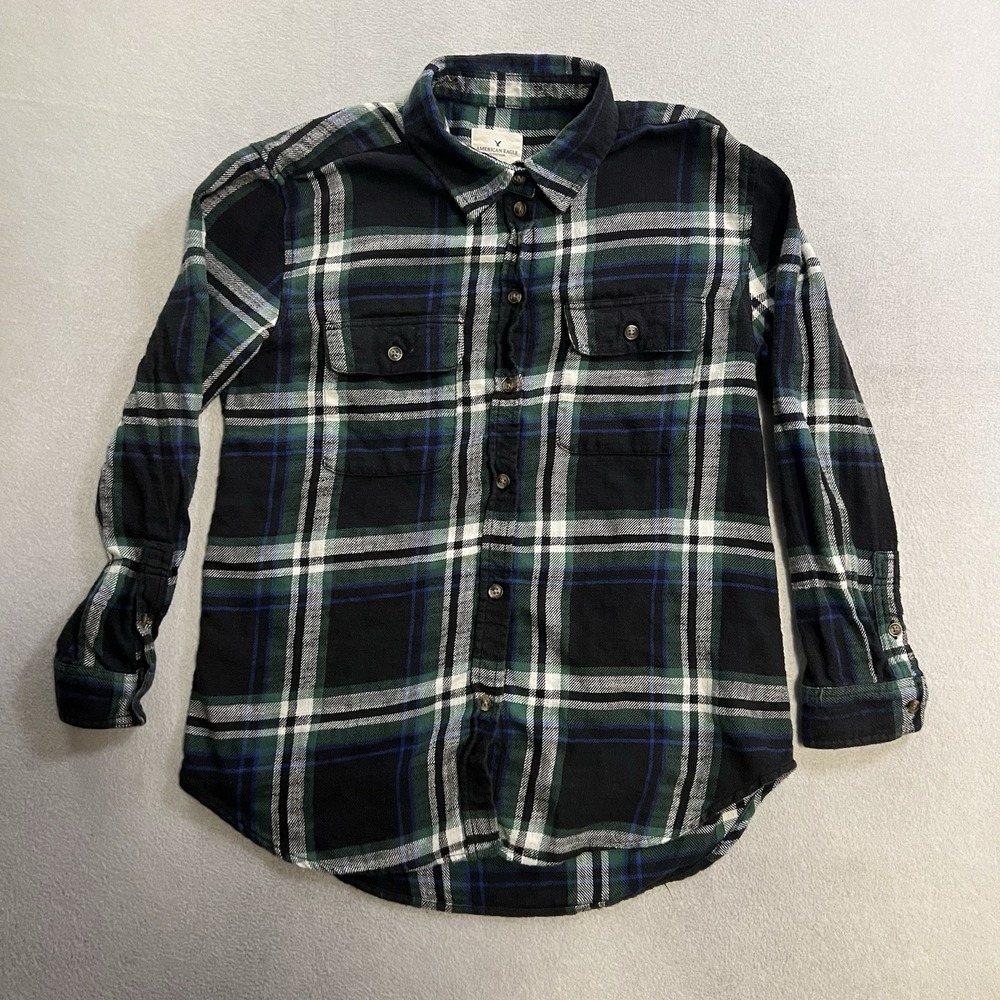American Eagle Shirt Women's Small Blue Green Plaid Button Up Oversized Flannel
